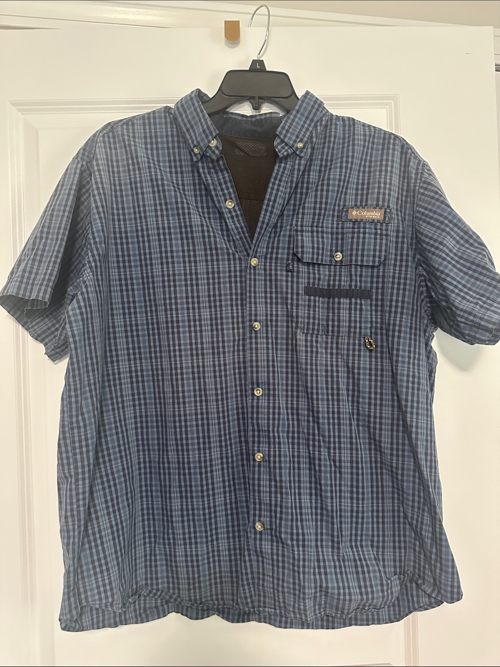 Columbia Men's Navy and Light Blue Plaid Short-Sleeve Button-Down Shirt
